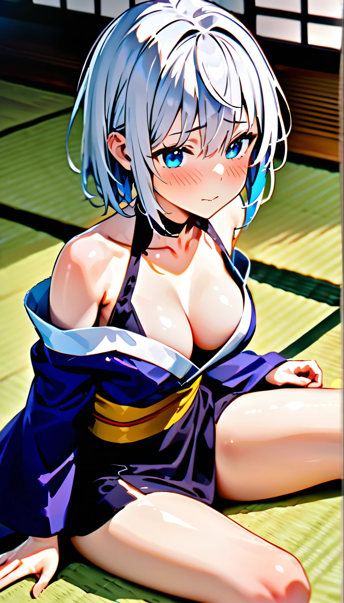 Karuta is a traditional Japanese card game, , 最high quality, (masterpiece:1.2), tatami, 1 , In the same way, tatamiの上に座る, tatamiの上のカードに手を置く,Silver Hair,Japanese-style blue eyes, High resolution, Sitting chest, Blushing, accurate, 最high quality, high quality, High-resolution model, High detail,