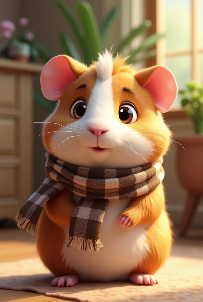 A guinea pig with a brown checkered scarf 