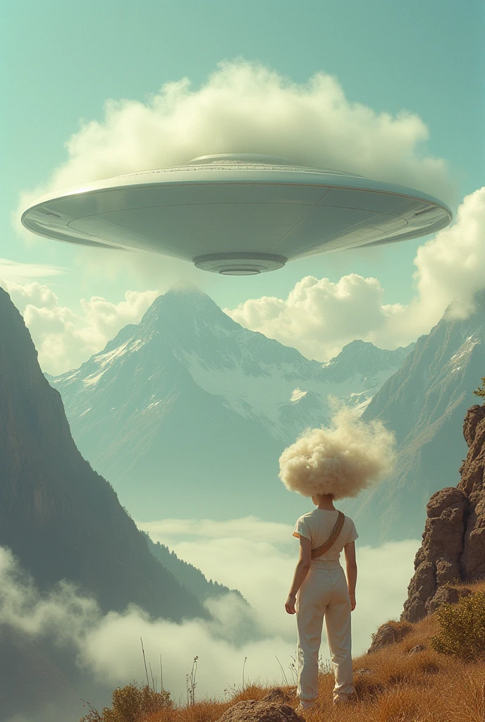 alien-like creature with cloud head, mountain on the background, big flying saucer, pastel colors, surreal atmosphere, dreamcore, raw photo, film grain, aerial shot, shot using 1960s camera