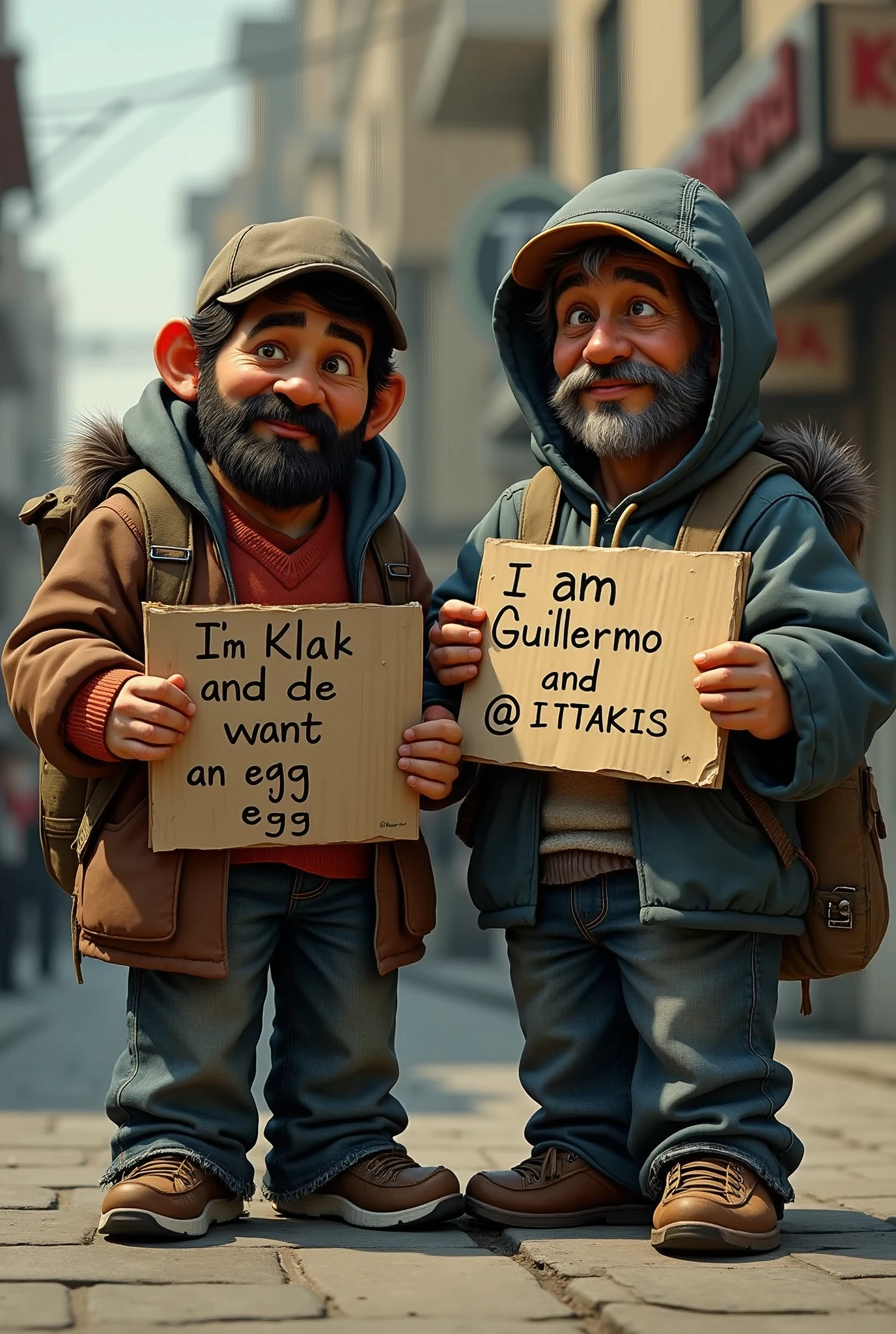 A vagrant holding a sign that says "I'm Klak and I want an egg" Behind another holding a sign that says " I am Guillermo and I like @takis" Everything in Spanish