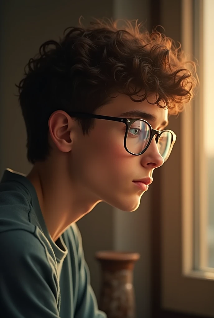 Design a visually appealing photograph of a young man with curly hair and glasses, That conveys a feeling of longing and affection. The image should portray the man lost in thought, With a subtle expression that suggests he is thinking about the love of his life. The background should be blurred or soft, To emphasize the intimacy of the moment. In the caption or thought bubble, Write a verse that reflects the man's thoughts. The poem should read as follows: “Every night I think about being with the love of my life. Even though you are far away, I feel you are here. Between screens and words, “Love is made, Even miles away, You bring me peace”. The poem should be presented in a cursive and clean font, With a subtle glow or shimmer effect to convey the emotions and sentimental value. The overall aesthetic should be warm, Comforting and characteristic of a romantic and intimate moment.” This modified suggestion provides a clear and concise description of the intended image, Including the details of the theme, The scenery and the tone.