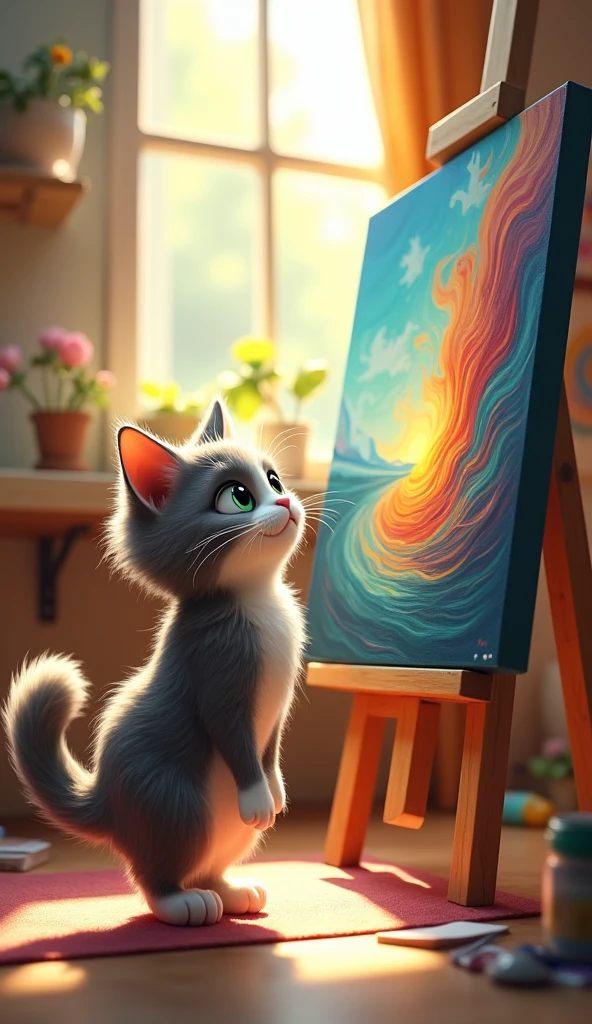 A cat named Whiskers in front of an easel with a colorful painting.
