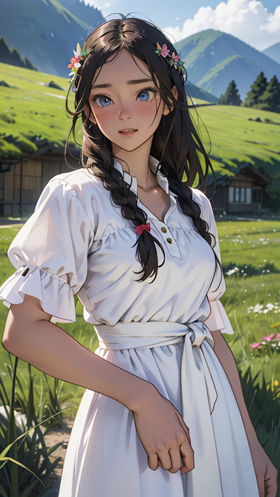 Vibrant anime-style illustration featuring a young woman with long, wavy brown hair styled in a loose braid. She has large, expressive blue eyes and fair skin with a slight blush on her cheeks. She is wearing a white dress adorned with colorful floral patterns and a blue ribbon tied at the waist. The woman is holding a vintage camera up to her face, ready to take a picture, while another camera hangs around her neck. The background is a picturesque meadow filled with various wildflowers and green grass, with mountains and a bright blue sky with fluffy white clouds in the distance.