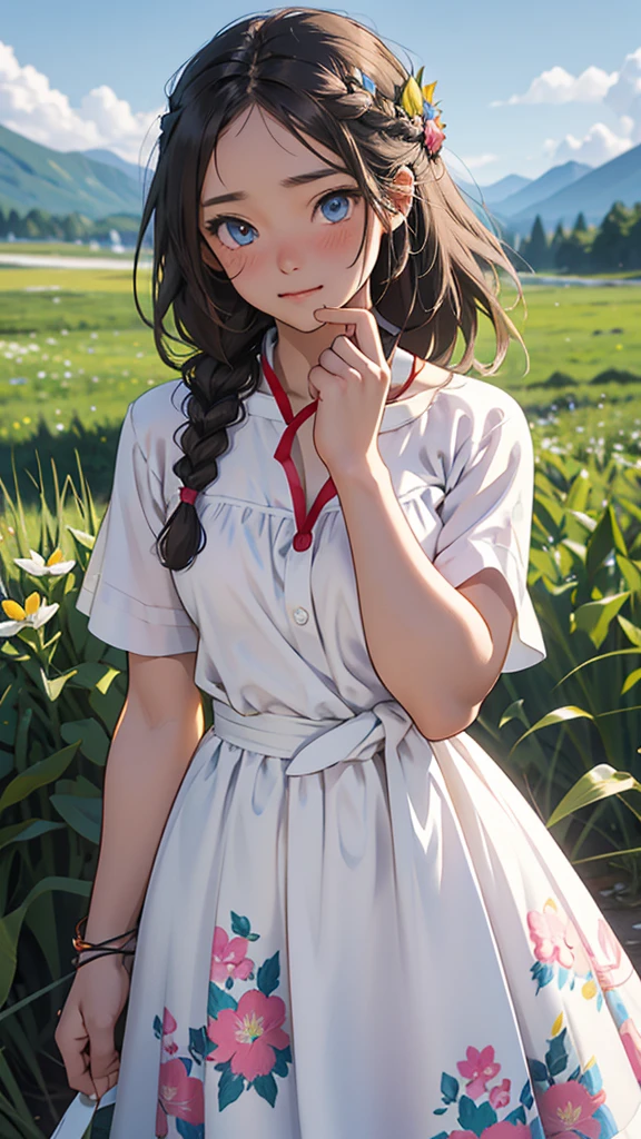 Vibrant anime-style illustration featuring a young woman with long, wavy brown hair styled in a loose braid. She has large, expressive blue eyes and fair skin with a slight blush on her cheeks. She is wearing a white dress adorned with colorful floral patterns and a blue ribbon tied at the waist. The woman is holding a vintage camera up to her face, ready to take a picture, while another camera hangs around her neck. The background is a picturesque meadow filled with various wildflowers and green grass, with mountains and a bright blue sky with fluffy white clouds in the distance.