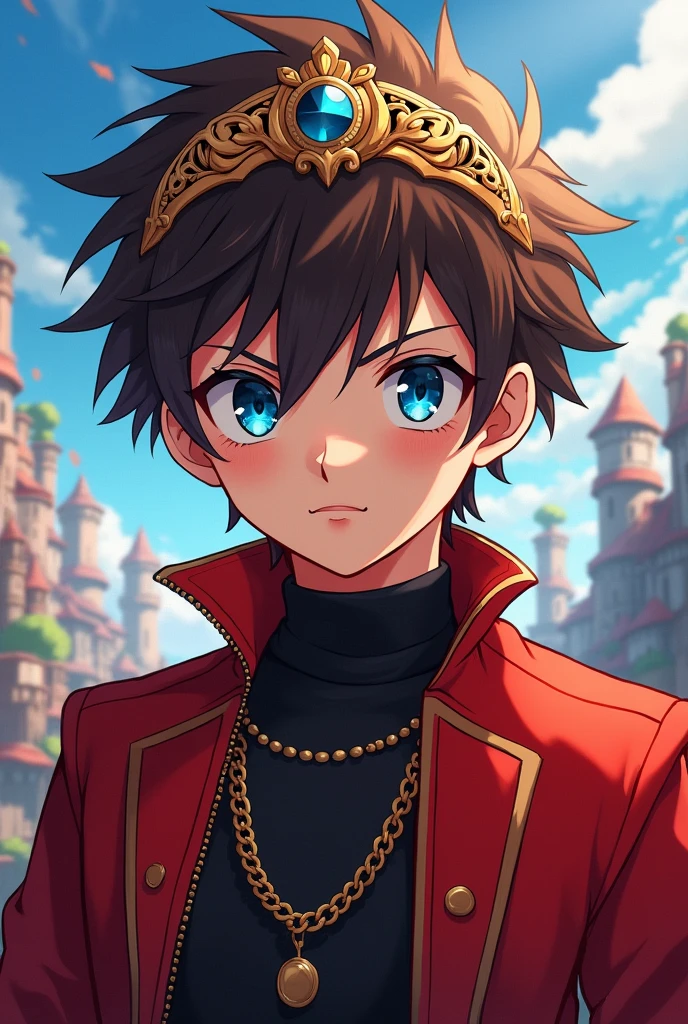 Make a blue eyed brown haired anime boy with a red jacket and crown Use styles like online images
