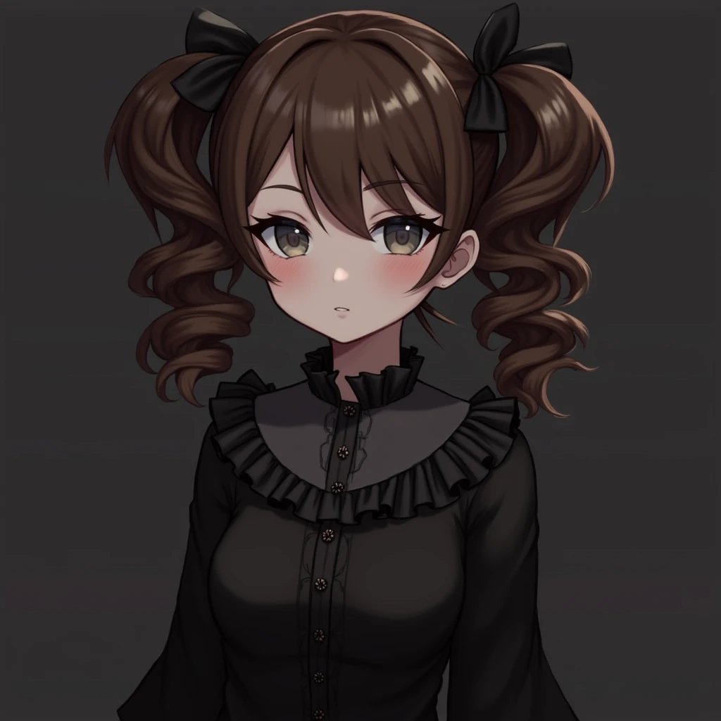 Brown Hair　Perm twintails
Parallel eyes with gray pupils
Mature looking
Large breasts
Dark clothing with cute frills
Dark atmosphere
But cute