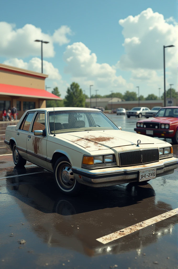 Car with a dent on hood from someone sitting on it. Very realistic. In grocery parking lot