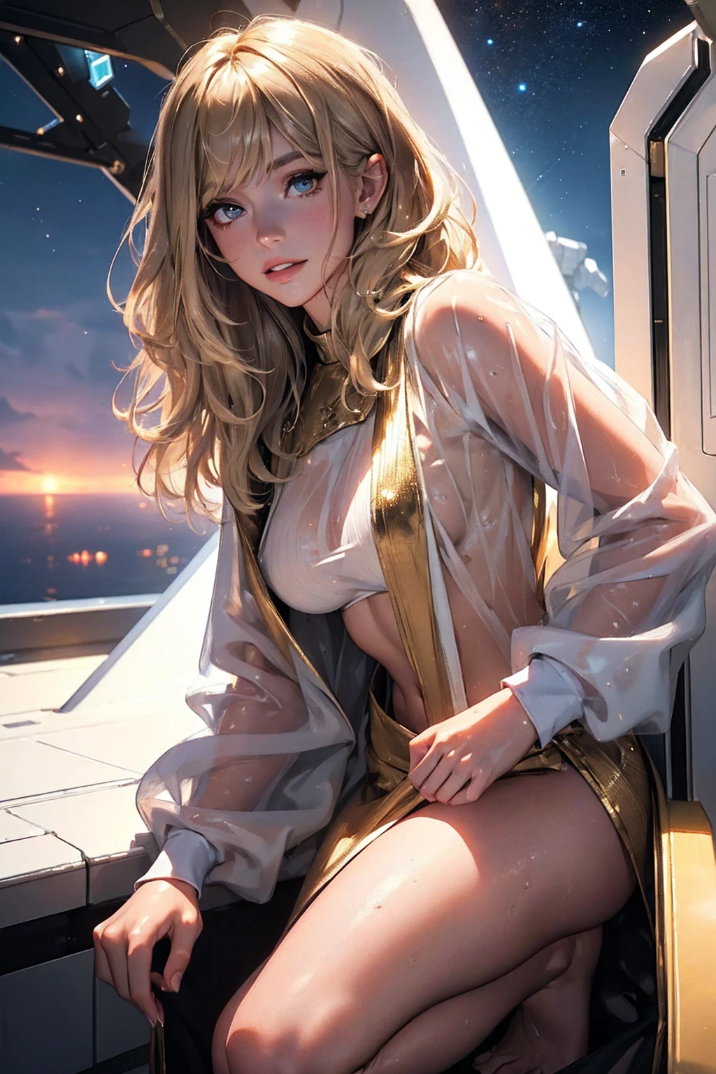 ((((masterpiece, best quality, high resolution)))), Extremely detailed 8K, Beautiful girl with slender body, e-girl, (Ultra HD, Ultra-detailed, Highly detailed, Highly realistic, Ultra-realistic, photograph realistic), (1girl:1.5), (Realistic blonde hair with dark roots), wavy hair, boho bob cut,(dark makeup, pink eyeshadow), facing at camera, light smile, (white and gold outfit, see through clothes, wet skin, transparent). (space cruise), coy grin