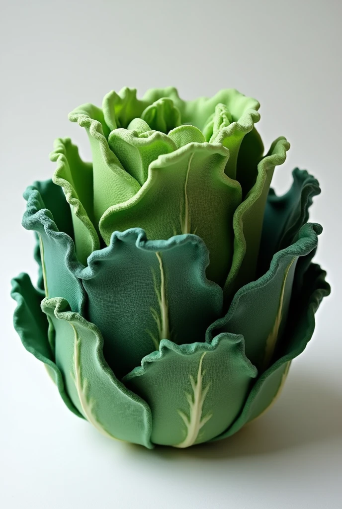 Create an image of a cabbage model crafted from fabric and candle wax. The model should feature a rounded core structure, covered with layers of green fabric that have been dipped in melted candle wax. The fabric pieces should resemble cabbage leaves: broad at the base and tapering to a point, with a crinkled and slightly textured appearance. The wax coating should give the leaves a glossy, somewhat translucent finish. The outer layers of leaves should be darker green, transitioning to lighter greens towards the center. Include some subtle details like leaf veins and wrinkles to enhance realism."