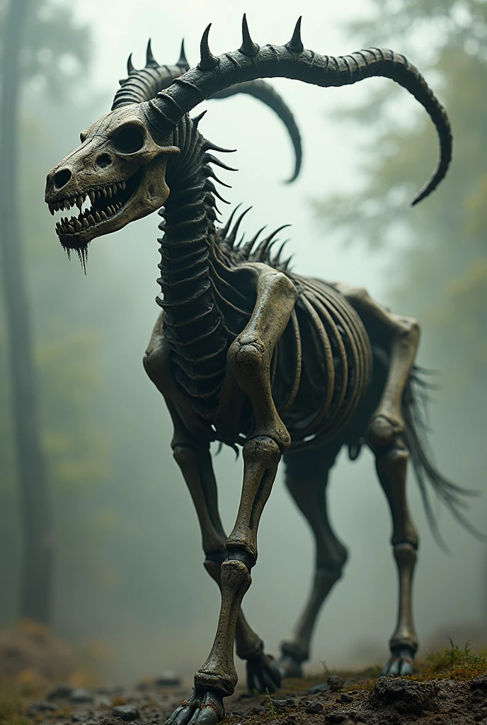 Create an image of a terrifying skeletal centaur-like creature, known as a Skeraton. The creature stands approximately 3 meters tall. Its upper body is skeletal and cracked, with a grotesque and frightening appearance. The centaur has curved horns extending from its head, bending backward, and a skull with visible cracks and sharp, menacing teeth. The lower body resembles that of a traditional centaur, but with a similarly skeletal and decayed appearance. The overall look should evoke a sense of horror and unease.
