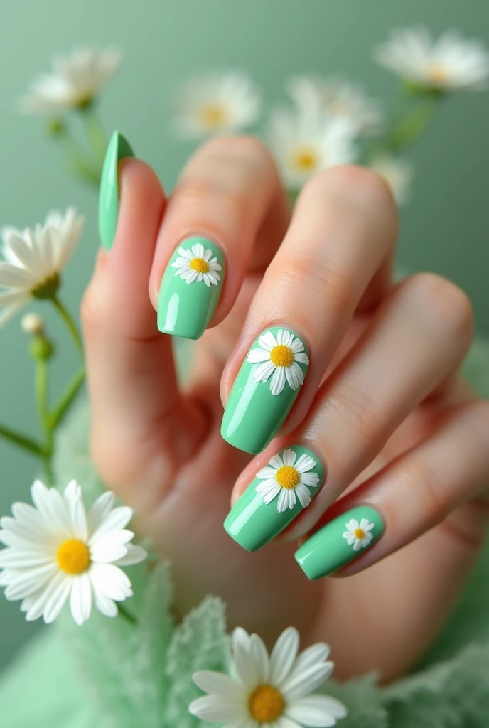 Green nails with painted daisy flowers