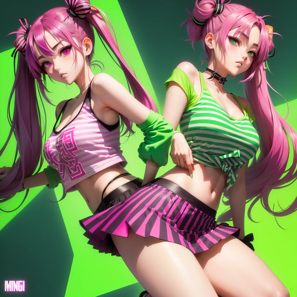 A cool Japanese manga-style illustration,Magenta and neon green striped T-shirt,Magenta and neon green horizontal striped mini skirt,One person, Twintails tied high, Magenta hair,Neon green highlights,Slanted Eyes, Solemn,