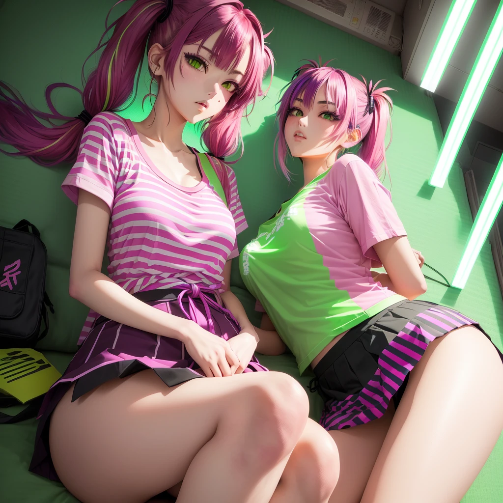 A cool Japanese manga-style illustration,Magenta and neon green striped T-shirt,Magenta and neon green horizontal striped mini skirt,One person, Twintails tied high, Magenta hair,Neon green highlights,Slanted Eyes, Solemn,