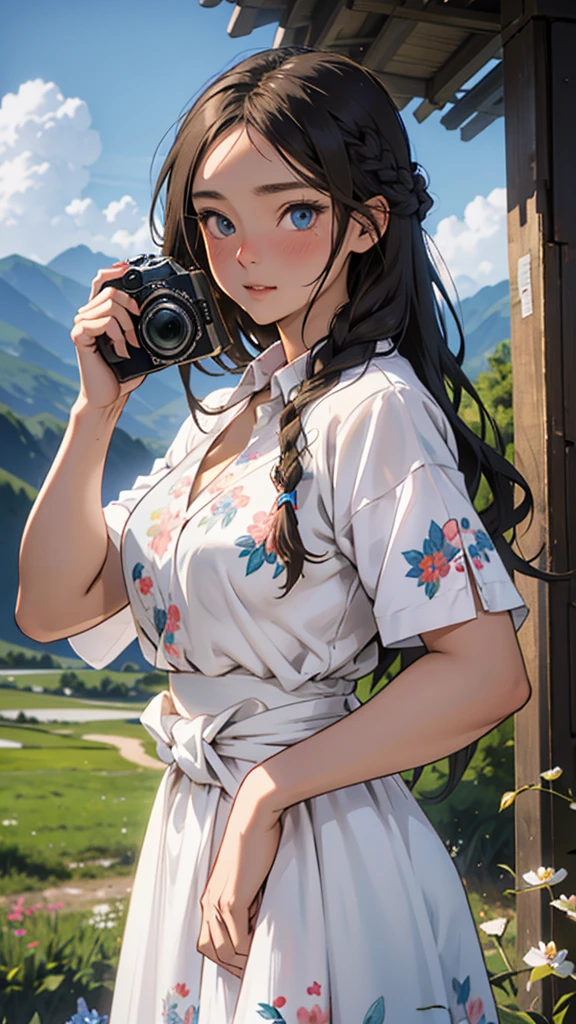 Vibrant anime-style illustration featuring a young woman with long, wavy brown hair styled in a loose braid. She has large, expressive blue eyes and fair skin with a slight blush on her cheeks. She is wearing a white dress adorned with colorful floral patterns and a blue ribbon tied at the waist. The woman is holding a vintage camera up to her face, ready to take a picture, while another camera hangs around her neck. The background is a picturesque meadow filled with various wildflowers and green grass, with mountains and a bright blue sky with fluffy white clouds in the distance.