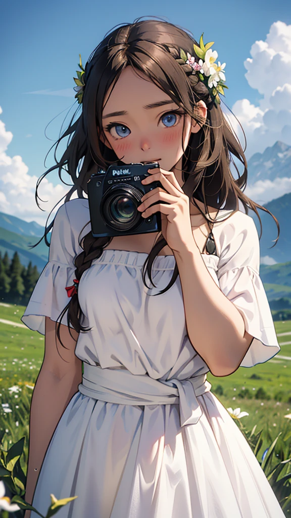 Vibrant anime-style illustration featuring a young woman with long, wavy brown hair styled in a loose braid. She has large, expressive blue eyes and fair skin with a slight blush on her cheeks. She is wearing a white dress adorned with colorful floral patterns and a blue ribbon tied at the waist. The woman is holding a vintage camera up to her face, ready to take a picture, while another camera hangs around her neck. The background is a picturesque meadow filled with various wildflowers and green grass, with mountains and a bright blue sky with fluffy white clouds in the distance.