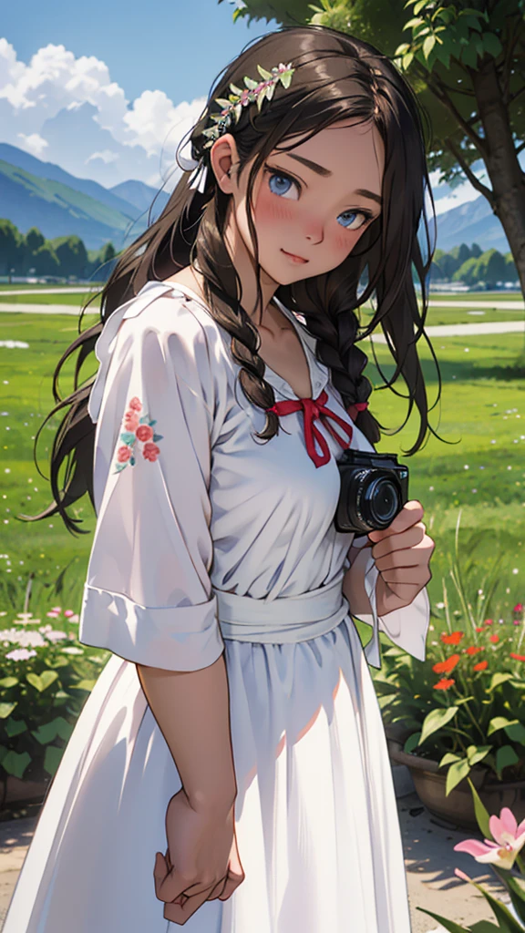 Vibrant anime-style illustration featuring a young woman with long, wavy brown hair styled in a loose braid. She has large, expressive blue eyes and fair skin with a slight blush on her cheeks. She is wearing a white dress adorned with colorful floral patterns and a blue ribbon tied at the waist. The woman is holding a vintage camera up to her face, ready to take a picture, while another camera hangs around her neck. The background is a picturesque meadow filled with various wildflowers and green grass, with mountains and a bright blue sky with fluffy white clouds in the distance.