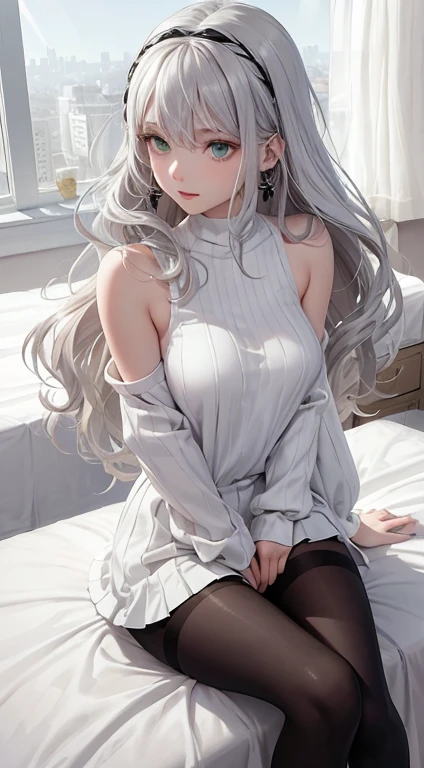 Character Details:, - Gender: 1 Girl. - Style: Anime, - Body Type: Attractive body, nice body, nice legs, slim tights, nice arms, nice shoulders. - Breast: (medium Breast:1.2)- Facial Feature: Beautiful, Gorgeous, Teenager, Fresh, Young. - Expression: Small smile, Confident Look, emerald green eyes. - Hairstyle: Blunt Bangs. - Hair Color: (White Grey Hair:1.5), (Straight and Wavy Long Hair:1.3), - Clothing: (Girly White Sweater, Open Sleeves, Can see shoulder, Girly White and Black Skirt:1.6, Girly Stocking.). - Body Pose: (Sitting on bed:1.3), (Hands down).. - Behaviour: Waiting, Want Something, Secretly. - Accessories: Earrings, thin Black Headband, Green Hair Accessories, Environmental Details:, - Setting: Bed Room., - Lighting: Natural Light., - Decoration: Modern Bed, Chair, Window, White Curtain, City View. Top view. pov, anime style, UHD, retina, masterpiece, accurate, anatomically correct, textured skin. One Hand on cheek, one hand downs.