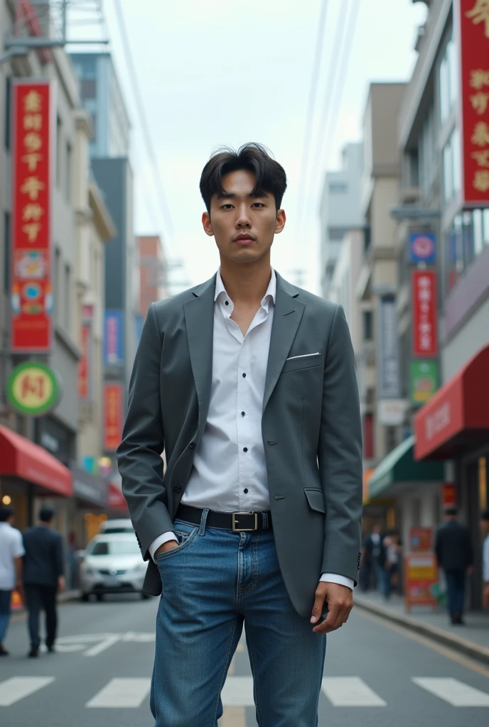 A Korean man standing in a street white shirt jeans pant and jacket, very Short hair, Comma hairstyle