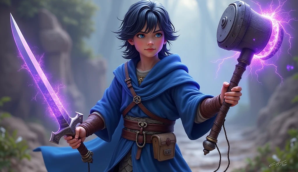 1 Youth, full body version, blue eyes, Slightly longer hair, Black hair, A confident expression, Blue robe, fantasy style clothing, The left hand holds a sword,Right hand holding a long-handled hammer,light effect wrapped fairy sword, Purple lightning wrapped around a long ice hammer,war posture, grassroots background