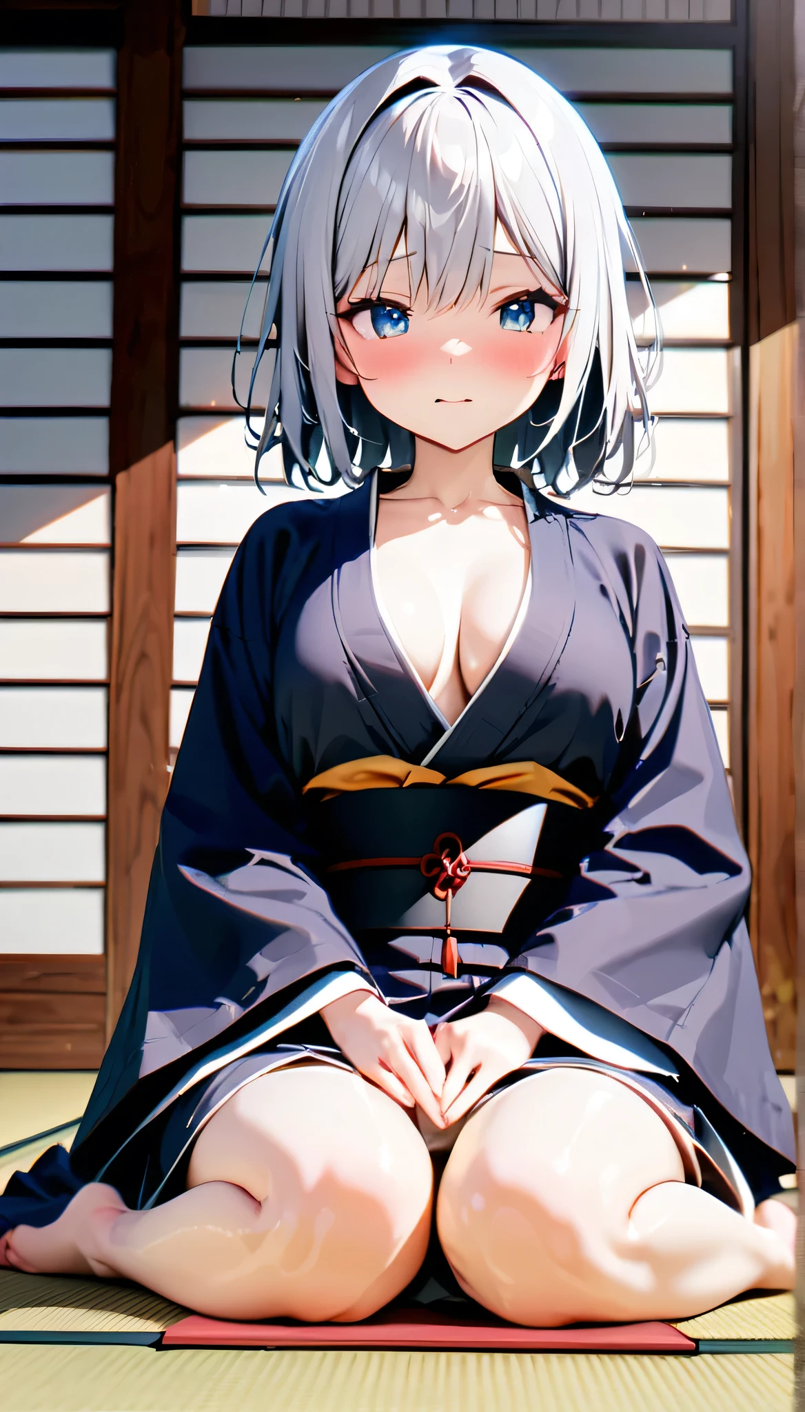 Karuta is a traditional Japanese card game, , 最high quality, (masterpiece:1.2), tatami, 1 , In the same way, tatamiの上に座る, tatamiの上のカードに手を置く,Silver Hair,Japanese-style blue eyes, High resolution, Sitting chest, Blushing, accurate, 最high quality, high quality, High-resolution model, High detail, 