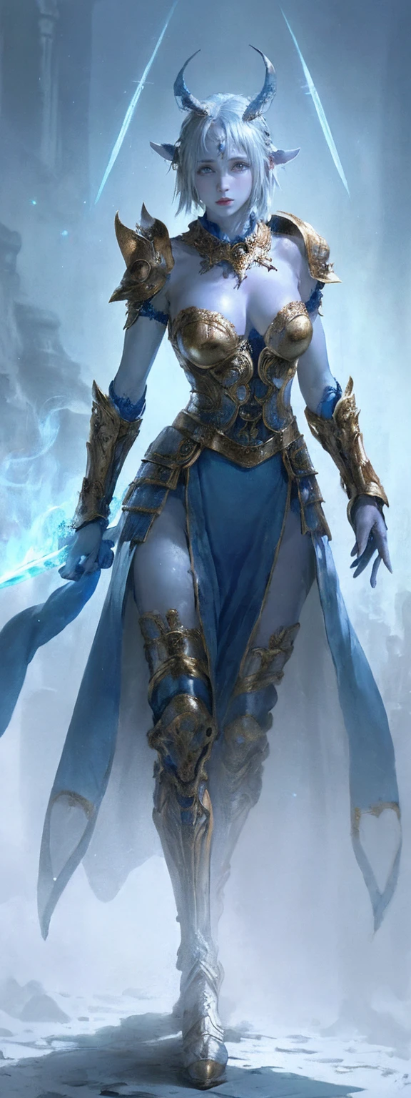 full body, fantasy art, dnd art, RPG art, drkfntasy wide shot, (masterpiece: 1.4) portrait, intense details, highly detailed, photorealistic, best quality, highres, glowing particle portrait a vedalken female (fantasy art, Masterpiece, best quality: 1.3) (blue skin: 1.5), intense details facial details, exquisite beauty, (fantasy art, Masterpiece, best quality)cleric, (blue colored skin: 1.5) blue skinned female, (white hair: 1.3), long hair, intense green eye, (fantasy art, Masterpiece, best quality), (((no ears: 1.5))), armed a fiery sword red fire, wearing heavy (white: 1.3) half plate mail armor CM-Beautiful_armor wearing high heeled laced boots, wearing an(orange :1.3) cloak, wearing glowing holy symbol, within fantasy temple background, reflection light, high details, best quality, 16k, [ultra detailed], masterpiece, best quality, (extremely detailed), close up, ultra wide shot, photorealistic, RAW, fantasy art, dnd art, fantasy art, realistic art, 