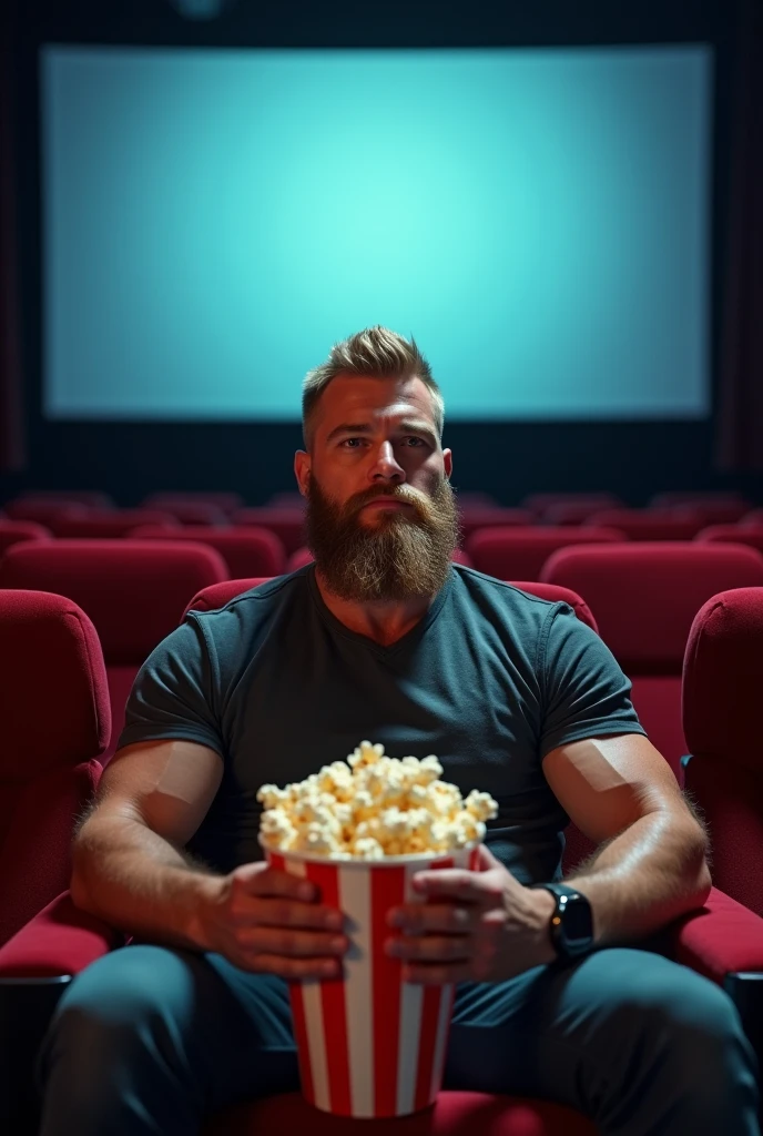 Blond and strong guy with a beard sitting in the cinema eating popcorn