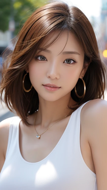 13日後に期限切れ 最high quality、masterpiece、High resolution、1 female、necklace、gem、Earrings、Beautiful Face、Body Up、Tyndall effect、Realistic、Rim Light、Two-tone lighting、(High resolutionスキン:1.2)、8k UHD、Digital SLR、Soft lighting、high quality、Volumetric lighting、photograph、High resolution、4K、8k、Brown haired woman、Adult、Small eyes、Perfect Mouth、Highly detailed eyes and mouth、Black natural eyes、Pure brown hair color、lol、Caucasian skin color、White shirt and random color tank top、Hair quality and shine、street、town、road、congestion、lol顔，Upper teeth
