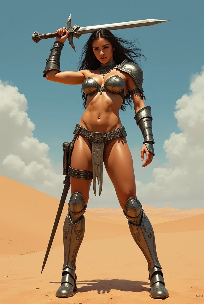 Beautiful full-body woman, 30 years old, muscular and perfect body, barbarian warrior with little clothing, tiny thong, large breasts, generous neckline, holding a blood-stained sword, brave face, dark kingdom, sexy pose, walking