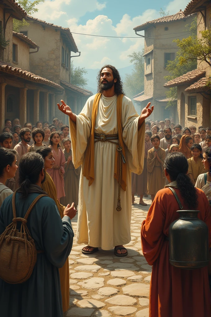 The saint standing in the village square, speaking to the villagers. In the foreground, villagers begin to bring out various household utensils from their homes.