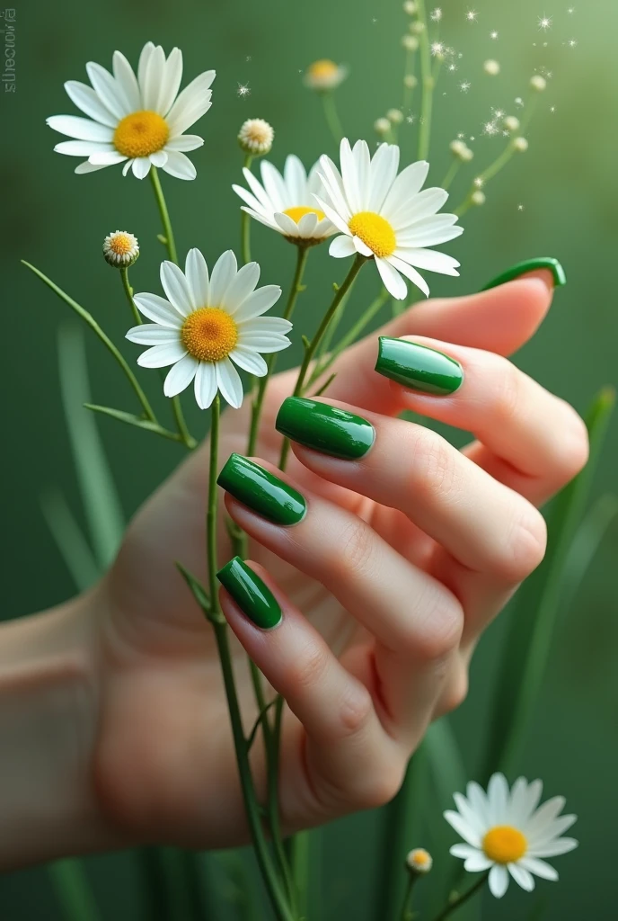 Green nails with painted daisy flowers