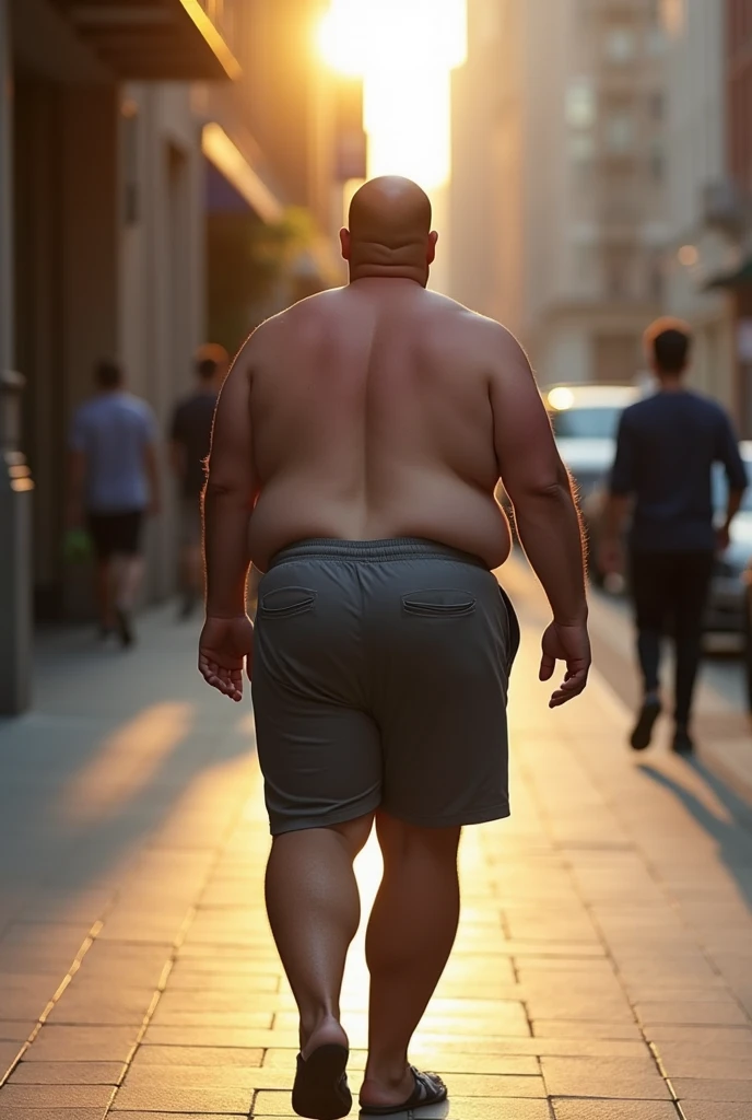 A man walking down a sidewalk. He has a very round, and bubbly pair of buttocks. He is wearing shorts that emphasize the voluptuous shape of his ass 
. The perspective is from directly behind him. lighting facing his back