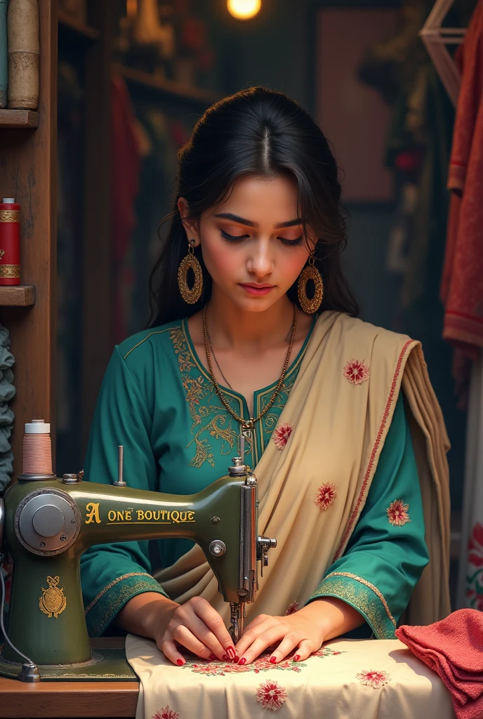 A one boutique girl,suit embroidered  suit stitching, small shop, logo a one boutique,  shlwar kameez, stitch machine A one boutique, write a one boutique, stitch process, poor girl, sales purchased, a one writing