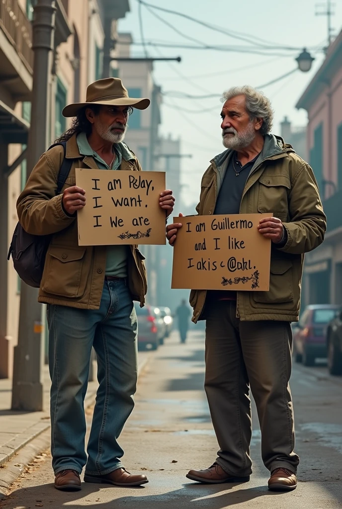 A vagrant holding a sign that says "I am. Play. I want. We are" Behind another holding a sign that says " I am Guillermo and I like @takis" Everything in Spanish