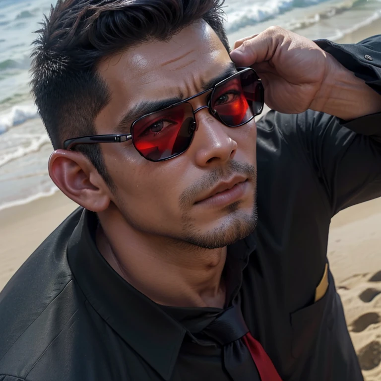 33 years old,One Man,、Handsome。Black Shirt、Red tie、Black gloves、Dhaka - Fighters、Ocean、On the sand　,,logic,Gay ,Very short hair、　,Asian Face,、　Handsome　Black sunglasses　Close-up of face
