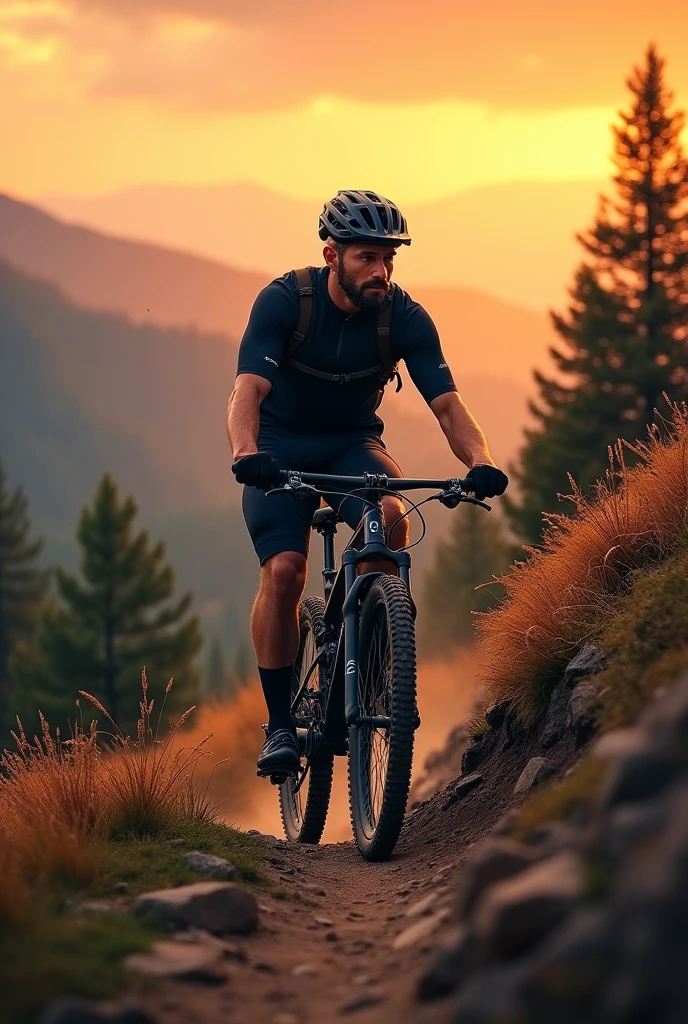 A cyclist with a beard, The cyclist with a helmet looks back while descending on a black MTB, on a mountain trail, with an orange sky, forests, and a brown land