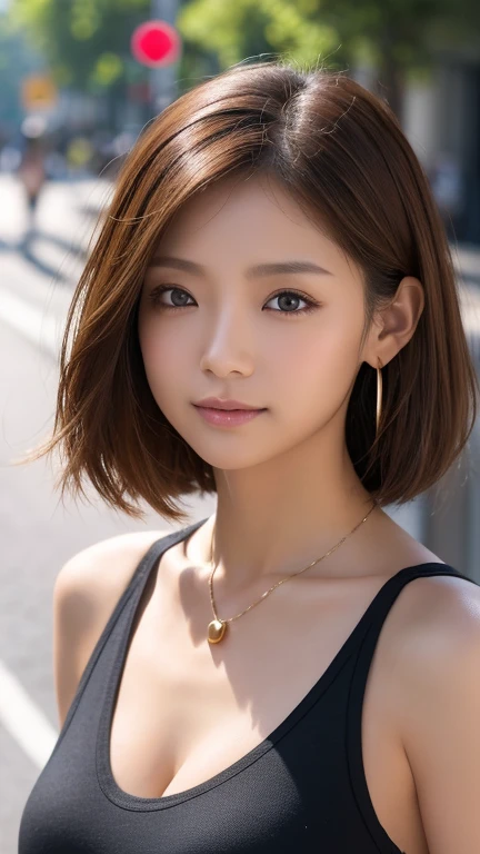 13日後に期限切れ 最high quality、masterpiece、High resolution、1 female、necklace、gem、Earrings、Beautiful Face、Body Up、Tyndall effect、Realistic、Rim Light、Two-tone lighting、(High resolutionスキン:1.2)、8k UHD、Digital SLR、Soft lighting、high quality、Volumetric lighting、photograph、High resolution、4K、8k、Brown haired woman、Adult、Small eyes、Perfect Mouth、Highly detailed eyes and mouth、Black natural eyes、Pure brown hair color、lol、Caucasian skin color、White shirt and random color tank top、Hair quality and shine、street、town、road、congestion、lol顔