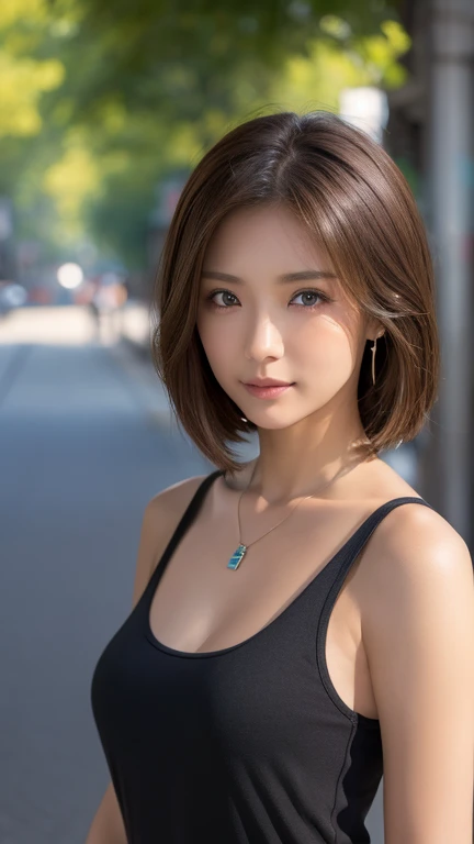 13日後に期限切れ 最high quality、masterpiece、High resolution、1 female、necklace、gem、Earrings、Beautiful Face、Body Up、Tyndall effect、Realistic、Rim Light、Two-tone lighting、(High resolutionスキン:1.2)、8k UHD、Digital SLR、Soft lighting、high quality、Volumetric lighting、photograph、High resolution、4K、8k、Brown haired woman、Adult、Small eyes、Perfect Mouth、Highly detailed eyes and mouth、Black natural eyes、Pure brown hair color、lol、Caucasian skin color、White shirt and random color tank top、Hair quality and shine、street、town、road、congestion、lol顔