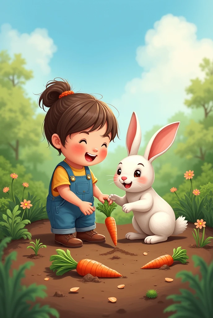 A small girl and rabbit  working together in the carrot patch, planting and watering the carrots with smiles on their faces.