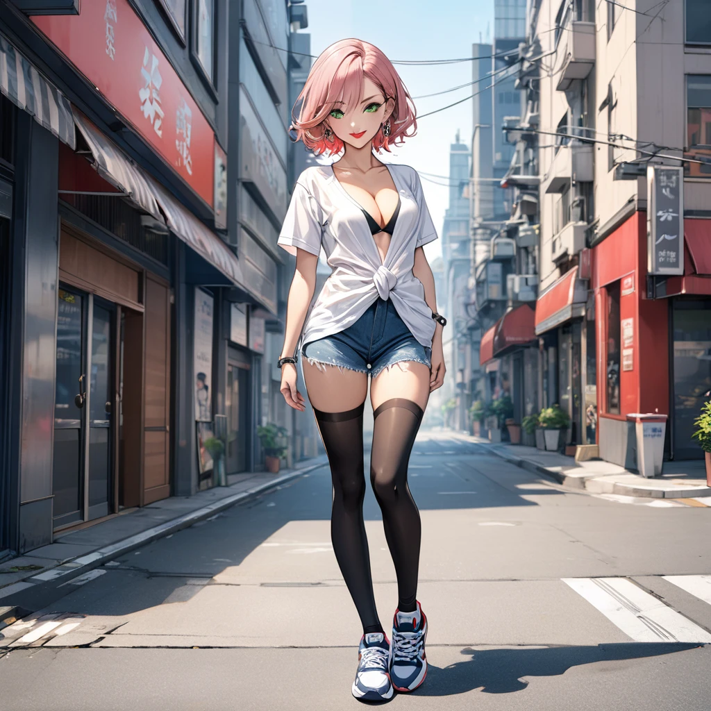 ((masterpiece, best quality, expressive eyes, perfect face, detailed eyes and face)), 1Woman, two toned hair, white and pink hair, short hair, tress hair, green eyes, a perfect face, the perfect body, small breasts, sports body, short stature, solo, makeup, ((red-lips:1.3)), earings, ear piercings, denim shorts, v neck knotted shirt, black thighhighs, sports sneakers, Clavicles only, city street background, by Amano Akira, ((full body:1.5)), looking at viewer, elegant smile, shirt cleavage