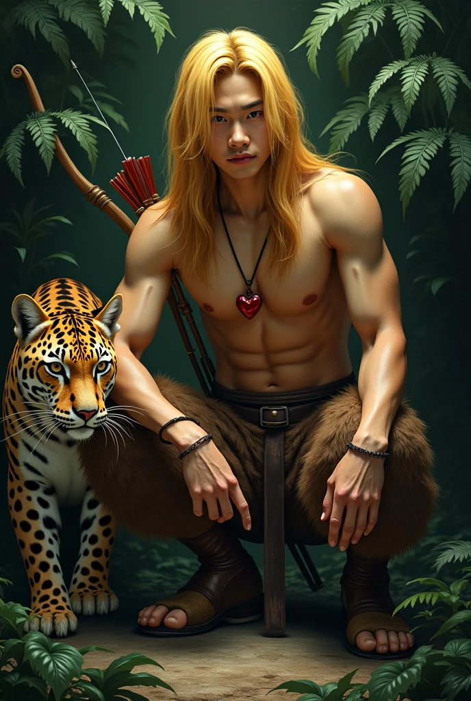 Very handsome Korean guy. He has yellow hair, that reach the ground, And bangs, that falls to the side.. He's shirtless, in brown fur pants and hoof-like shoes. He has a red heart pendant.... He squats in the thick, dark thicket of fern leaves and releases an arrow from his bow.. A kind jaguar next to him..