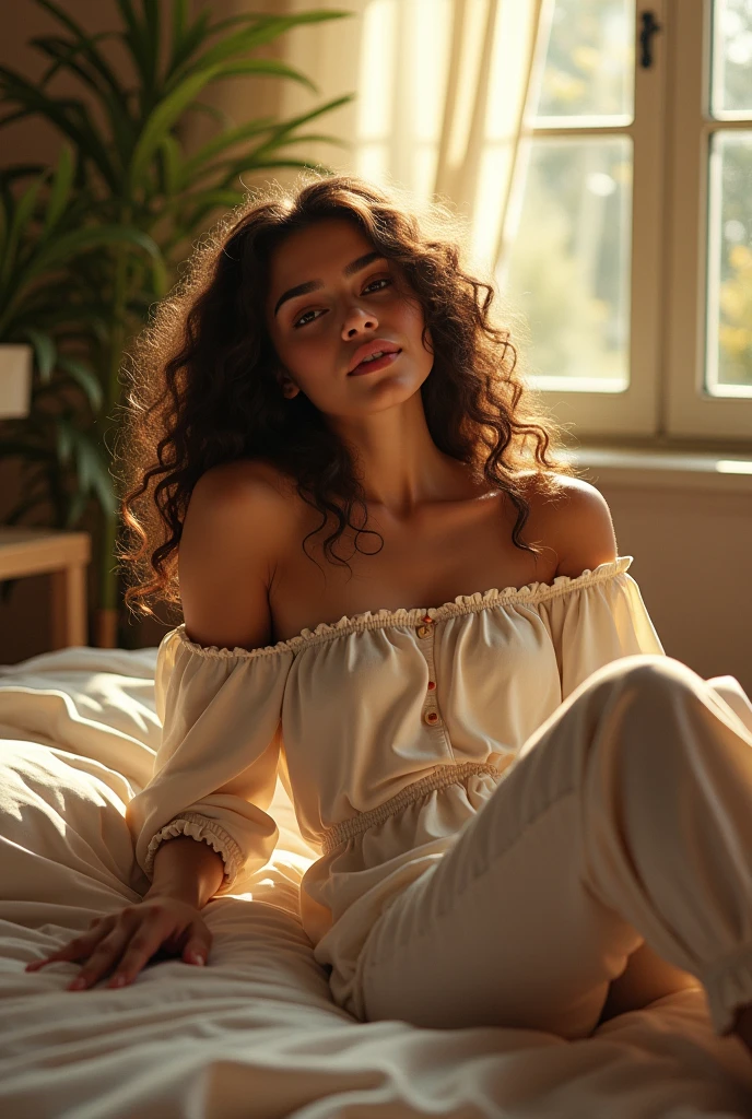 (photorealism:1.2), beautiful woman, sitting on bed, wearing loose off-shoulder top, pajama pants, long curly hair, indoors, soft lighting, plants in background, with no clothes, window with sunlight, cozy room, relaxed pose, realistic, intricate details, warm colors, by Greg Rutkowski, by Alphonse Mucha