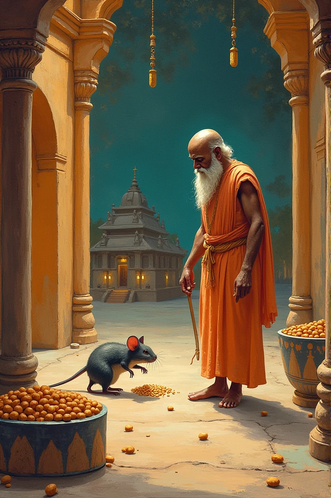 महिलरोपयम नामक एक दक्षिणी शहर के पास भगवान शिव का एक मंदिर था। वहां एक पवित्र ऋषि रहते थे और मंदिर की देखभाल करते थे। वे भिक्षा के लिए शहर में हर रोज जाते थे, और भोजन के लिए शाम को वापस आते थे। वे अपनी आवश्यकता से अधिक एकत्र कर लेते थे और बाकि का बर्तन में डाल कर गरीब मजदूरों में बाँट देते थे जो बदले में मंदिर की सफाई करते थे और उसे सजावट का काम किया करते थे।
उसी आश्रम में एक चूहा भी अपने बिल में रहता था और हर रोज कटोरे में से कुछ न कुछ भोजन चुरा लेता था।
जब साधु को एहसास हुआ कि एक चूहा भोजन चोरी करता है तो उन्होंने इसे रोकने के लिए सभी तरह की कोशिशें की। उन्होंने कटोरे को काफी उचाई पर रखा ताकि चूहा वहां तक पहुँच न सके, और यहां तक कि एक छड़ी के साथ चूहे को मार भगाने की भी कोशिश की, लेकिन चूहा किसी भी तरह कटोरे तक पहुंचने का रास्ता ढूंढ लेता और कुछ भोजन चुरा लेता था।
एक दिन, एक भिक्षुक मंदिर की यात्रा करने के लिए आये थे। लेकिन साधु का ध्यान तो चूहे को डंडे से मारने में था और वे भिक्षुक से मिल भी नहीं पाए, इसे अपना अपमान समझ भिक्षुक क्रोधित होकर बोले “आपके आश्रम में फिर कभी नहीं आऊंगा क्योंकि लगता है मुझसे बात करने के अलावा आपको अन्य काम ज्यादा महत्वपूर्ण लग रहा है।”
साधु विनम्रतापूर्वक चूहे से जुडी अपनी परेशानियों के बारे में भिक्षुक को बताते हैं, कि कैसे चूहा उनके पास से भोजन किसी न किसी तरह से चुरा ही लेता है, “यह चूहा किसी भी बिल्ली या बन्दर को हरा सकता है अगर बात मेरे कटोरे तक पहुंचने कि हो तो! मैंने हर कोशिशें की हैं लेकिन वो हर बार किसी न किसी तरीके से भोजन चुरा ही लेता है।
भिक्षुक ने साधु की परेशानियों को समझा, और सलाह दी, “चूहे में इतनी शक्ति, आत्मविश्वास और चंचलता के पीछे अवश्य ही कुछ न कुछ कारण होगा"।
मुझे यकीन है कि इसने बहुत सारा भोजन जमा कर रखा होगा और यही कारण है कि चूहा अपने आप को बड़ा महसूस करता है और इसी से उसे ऊँचा कूदने कि शक्ति मिलती है। चूहा जानता है कि उसके पास कुछ खोने के लिए नहीं है इसलिए वो डरता नहीं है।”
इस प्रकार, साधू और भिक्षुक निष्कर्ष निकालते है कि अगर वे चूहे के बिल तक पहुंचने में सफल होते है तो वे चूहे के भोजन के भंडार तक पहुंचने में सक्षम हो जाएंगे। उन्होंने फैसला किया कि अगली सुबह वो चूहे का पीछा करेंगे और उसके बिल तक पहुंच जाएंगे।
अ
