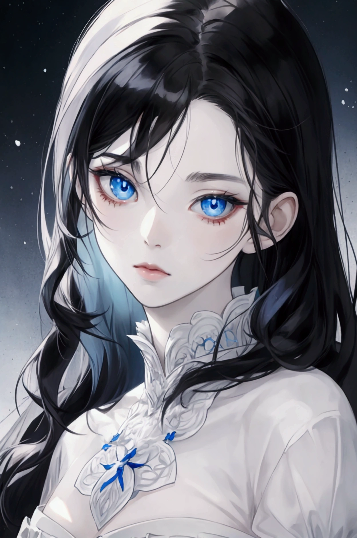 woman, blue eyes, pale skin, beautiful, black hair, in Stola, Anime Style