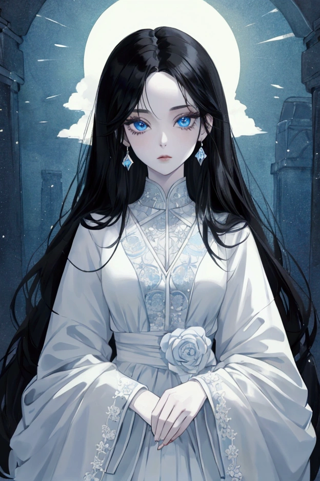 woman, blue eyes, pale skin, beautiful, black hair, in Stola, Anime Style