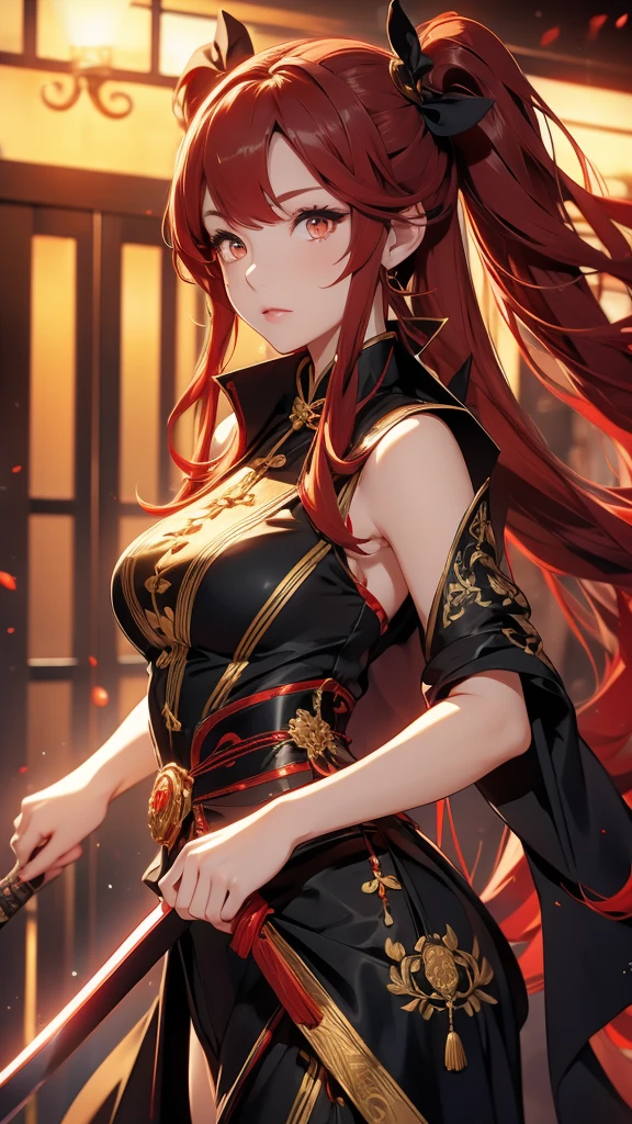 Woman, adult, long red hair, twin tails, golden eyes, short black Chinese dress, large breasts, holding a katana