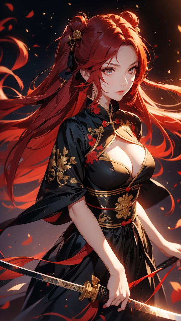 Woman, adult, long red hair, twin tails, golden eyes, short black Chinese dress, large breasts, holding a katana