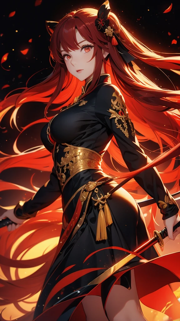 Woman, adult, long red hair, twin tails, golden eyes, short black Chinese dress, large breasts, holding a katana