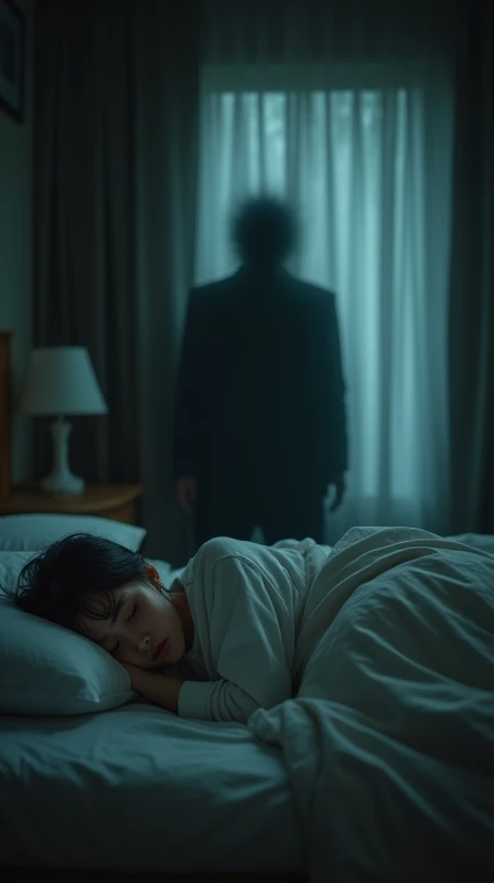 Woman sleeping in bed、20th Generation、Cute sleeping pose、The room is cute.、A woman with a scared expression from inside the futon.、In pitch darkness、A creepy man、The outline is blurry、His face can't be seen clearly、Staring at me、A scary impression