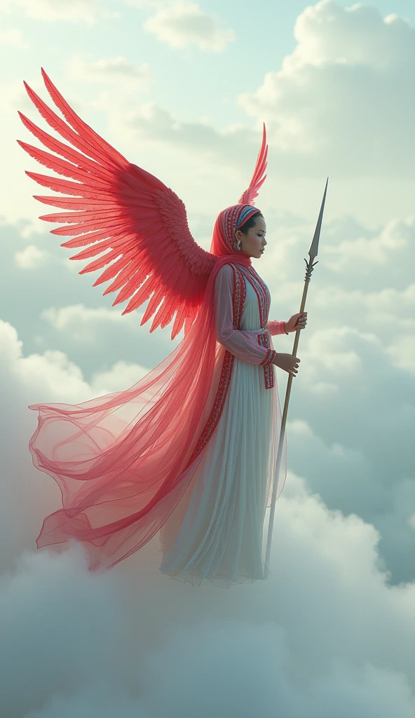 Tree Muslim woman wearing a dress made of used plastic, soft transparent red and white colour with red and white, with wings like Indonesian garuda, elegant minimalist clasik design, wearing a white long skirt with red and blue straight line pattern, flying, on top of cloud, very realistic, center, very realistic, (complex detail: 0.9), (hdr, hyperdetail: 1.2), RAW, Sony Alpha a9 II, 24-105mm f/4, HDR, holding a spear,