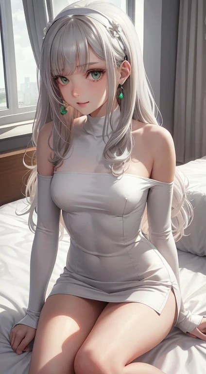 Character Details:, - Gender: 1 Girl.
- Style: Anime, - Body Type: Attractive body, nice body, nice legs, slim tights, nice arms, nice shoulders. - Breast: (medium Breast:1.2)- Facial Feature: Beautiful, Gorgeous, ager, Fresh, Young.
- Expression: Small smile, Confident Look, emerald green eyes. - Hairstyle: Blunt Bangs. - Hair Color: (White Grey Hair:1.5), (Straight and Wavy Long Hair:1.3),
- Clothing: (Girly White Sweater, Open Sleeves, Can see shoulder, Girly White and Black Skirt:1.6, Girly Stocking.). - Body Pose: (Sitting on bed:1.3), (Hands down).. - Behaviour: Waiting, Want Something, Secretly.
- Accessories: Earrings, thin Black Headband, Green Hair Accessories, Environmental Details:, - Setting: Bed Room., - Lighting: Natural Light., - Decoration: Modern Bed, Chair, Window, White Curtain, City View. Top view. pov, anime style, UHD, retina, masterpiece, accurate, anatomically correct, textured skin.